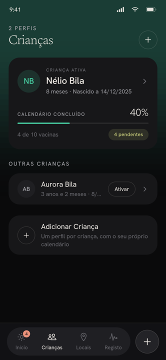 Lista de crianças, cada uma com o seu calendário
