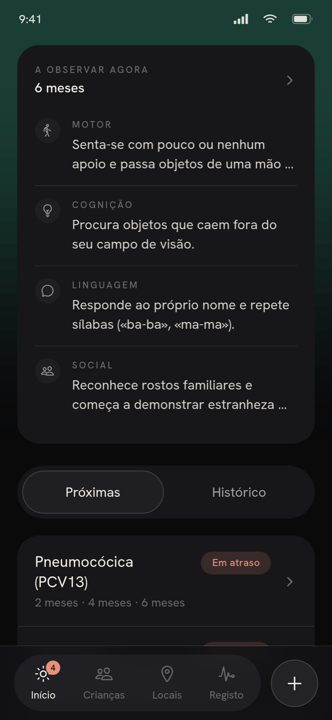 Etapas de desenvolvimento por área: movimento, aprendizagem, fala e convívio