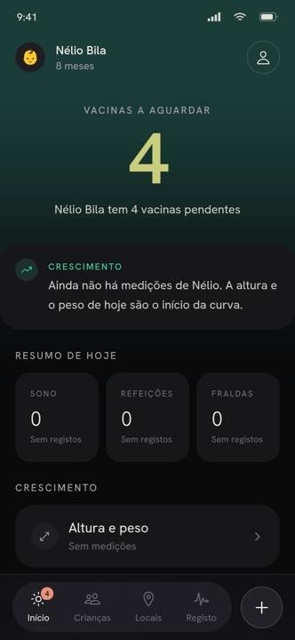 Ecrã inicial do MeuBebé com o estado das vacinas do bebé
