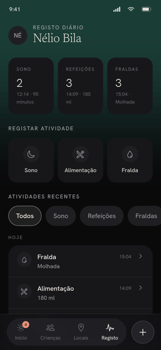 Registo diário de sono, refeições e fraldas