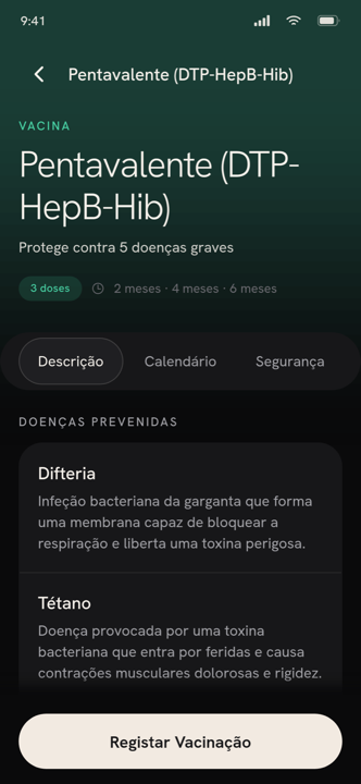 Página de uma vacina com informação das doenças que previne